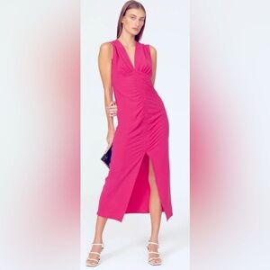 Thakoon Vibrant Pink Ruched Midaxi Dress w/ Deep V & High Slit Size 10